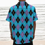 Blue Black And Purple Argyle Print Textured Short Sleeve Shirt