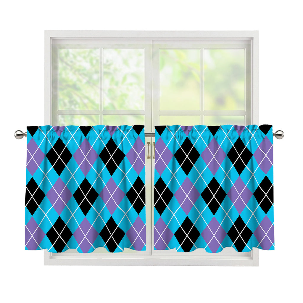 Blue Black And Purple Argyle Print Tier Curtains