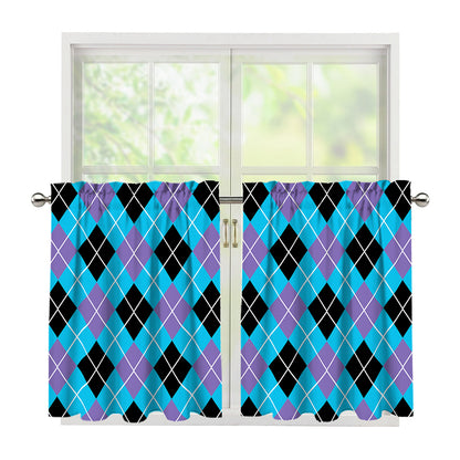 Blue Black And Purple Argyle Print Tier Curtains
