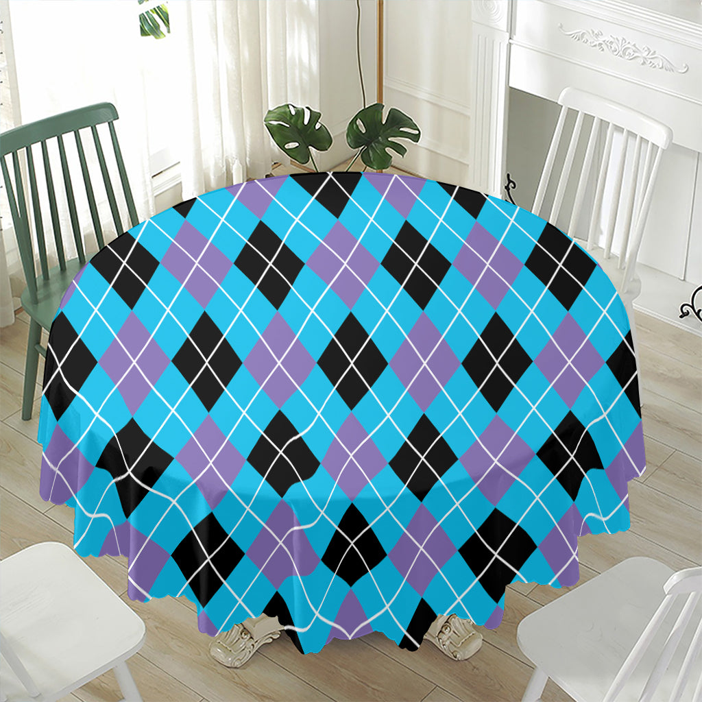 Blue Black And Purple Argyle Print Waterproof Round Tablecloth