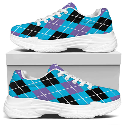 Blue Black And Purple Argyle Print White Chunky Shoes