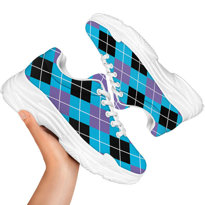 Blue Black And Purple Argyle Print White Chunky Shoes