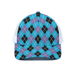 Blue Black And Purple Argyle Print White Mesh Trucker Cap