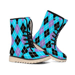 Blue Black And Purple Argyle Print Winter Boots