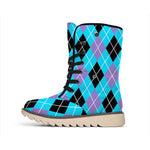 Blue Black And Purple Argyle Print Winter Boots