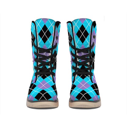 Blue Black And Purple Argyle Print Winter Boots
