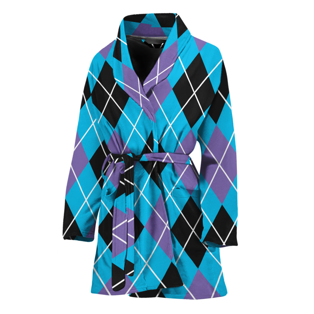 Blue Black And Purple Argyle Print Women's Bathrobe