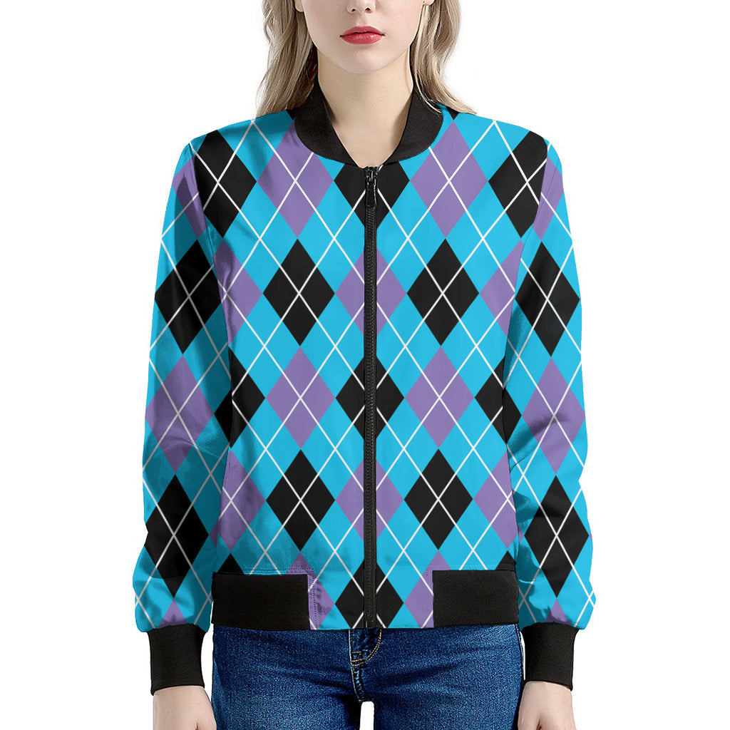 Blue Black And Purple Argyle Print Women's Bomber Jacket