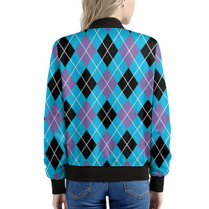 Blue Black And Purple Argyle Print Women's Bomber Jacket