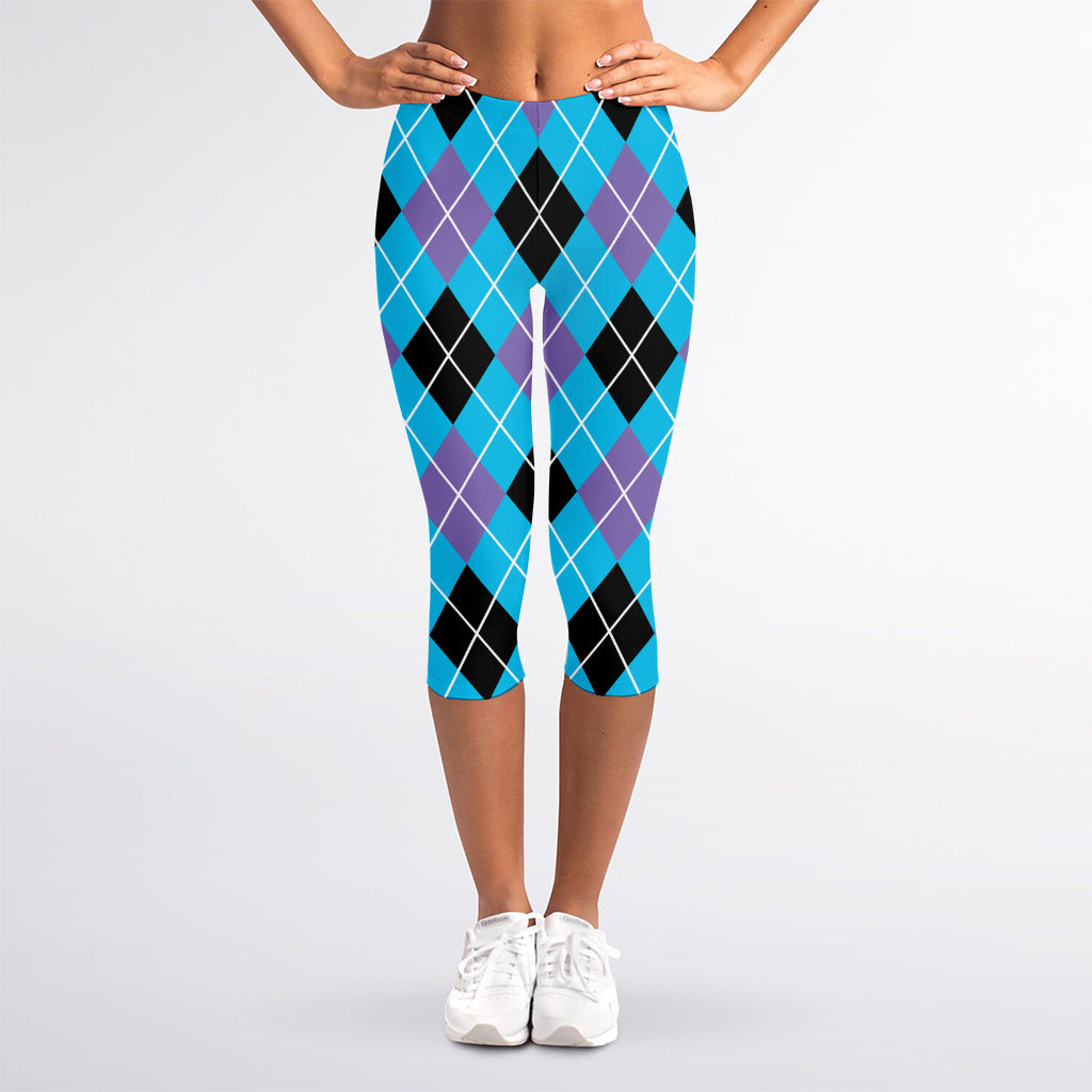 Blue Black And Purple Argyle Print Women's Capri Leggings