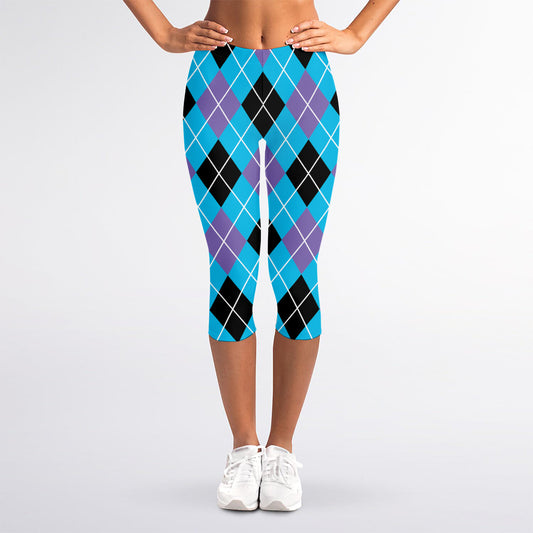 Blue Black And Purple Argyle Print Women's Capri Leggings