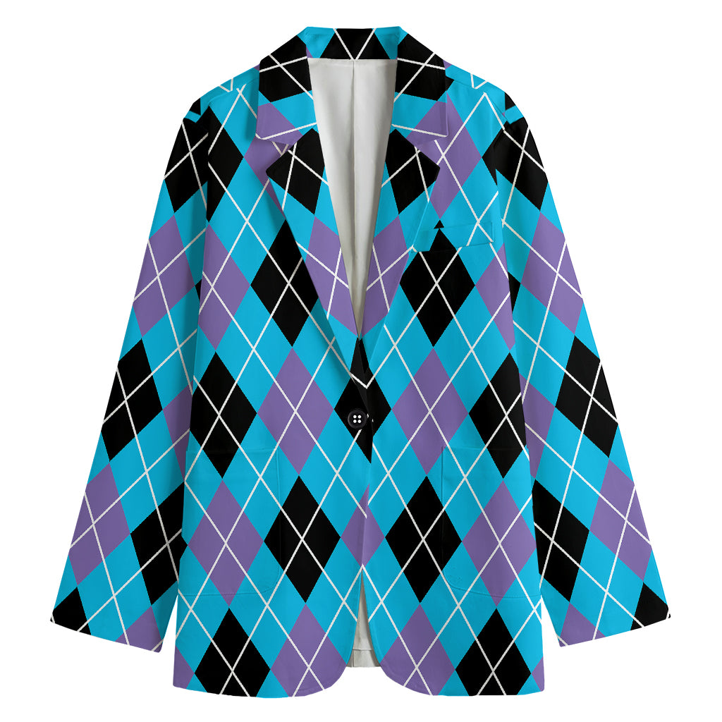 Blue Black And Purple Argyle Print Women's Cotton Blazer