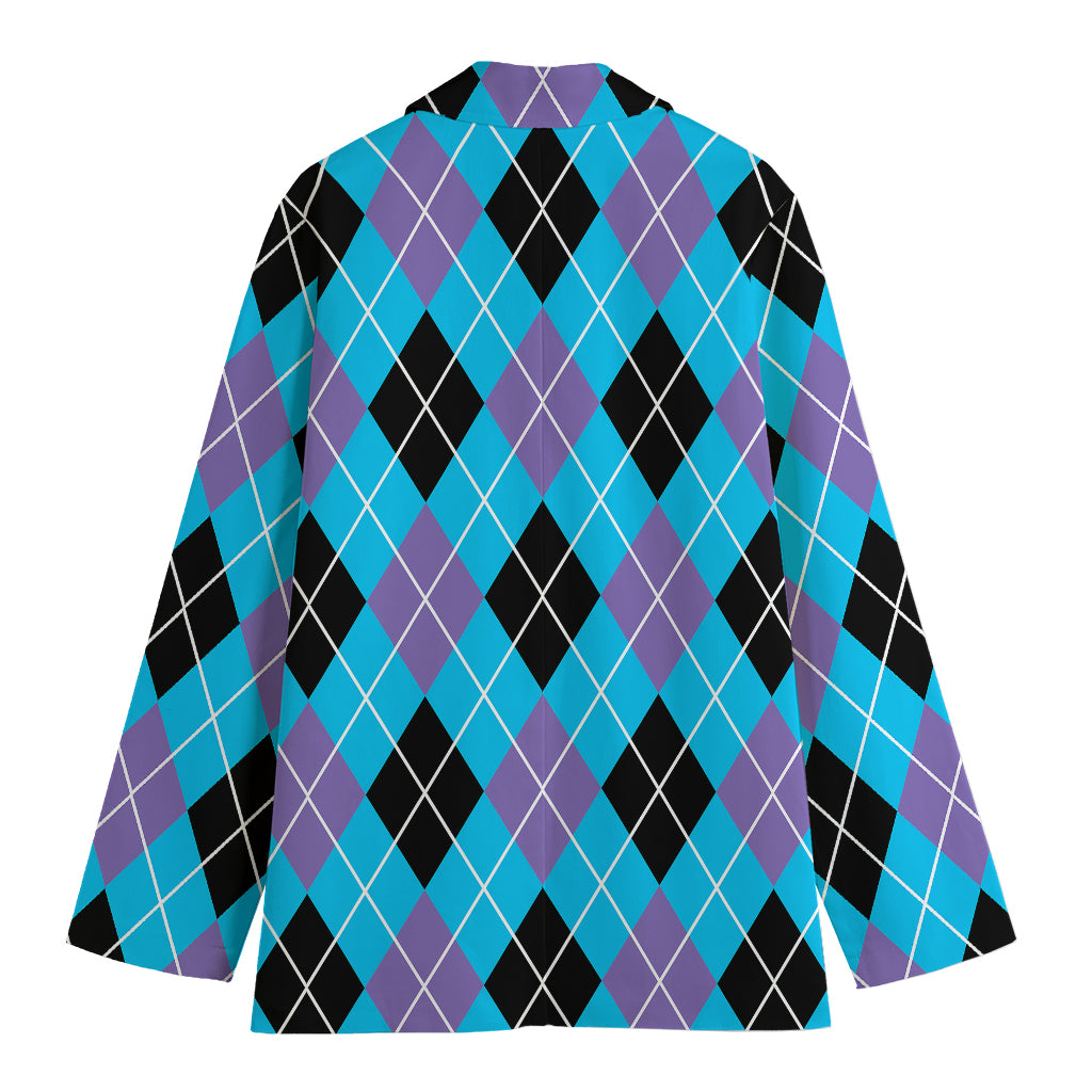 Blue Black And Purple Argyle Print Women's Cotton Blazer