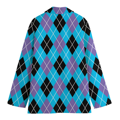 Blue Black And Purple Argyle Print Women's Cotton Blazer