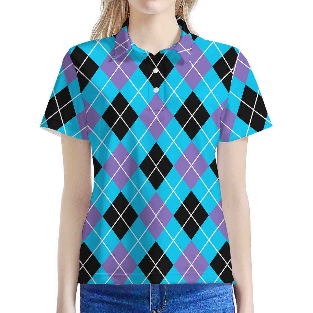 Blue Black And Purple Argyle Print Women's Polo Shirt