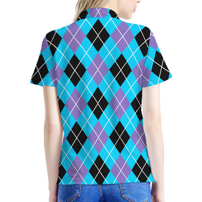 Blue Black And Purple Argyle Print Women's Polo Shirt