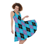 Blue Black And Purple Argyle Print Women's Sleeveless Dress