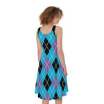 Blue Black And Purple Argyle Print Women's Sleeveless Dress