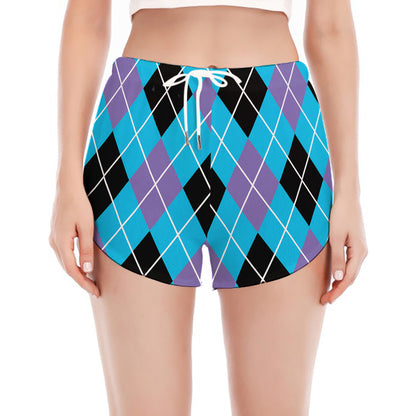 Blue Black And Purple Argyle Print Women's Split Running Shorts