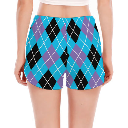 Blue Black And Purple Argyle Print Women's Split Running Shorts