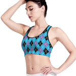 Blue Black And Purple Argyle Print Women's Sports Bra