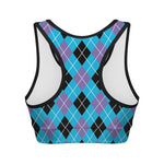 Blue Black And Purple Argyle Print Women's Sports Bra