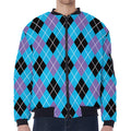 Blue Black And Purple Argyle Print Zip Sleeve Bomber Jacket