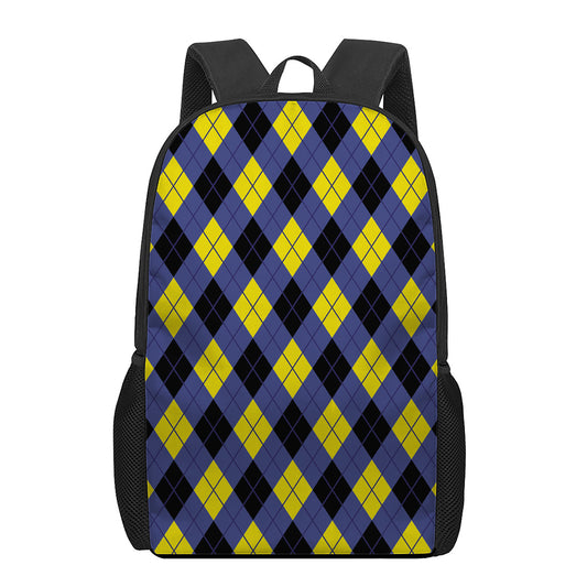 Blue Black And Yellow Argyle Print 17 Inch Backpack