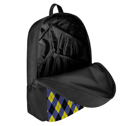 Blue Black And Yellow Argyle Print 17 Inch Backpack