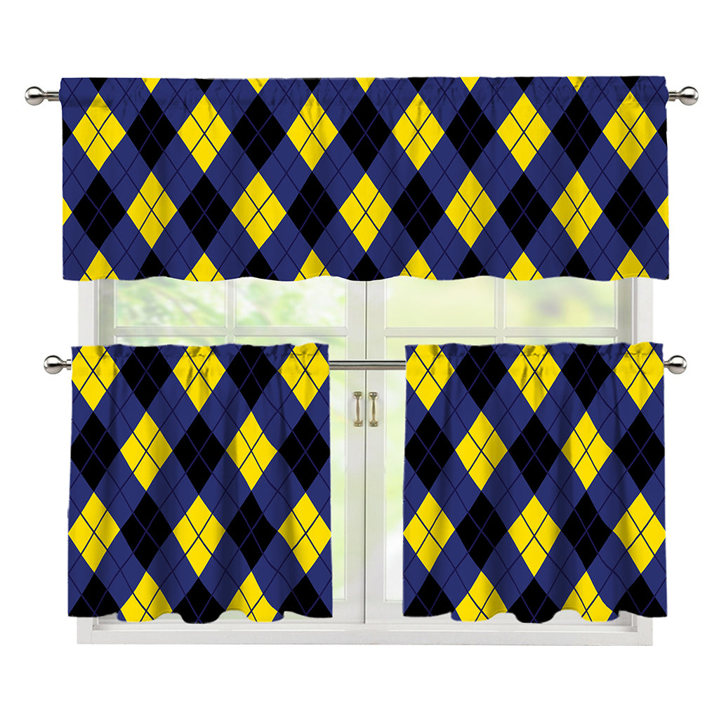 Blue Black And Yellow Argyle Print 3 Piece Kitchen Curtains