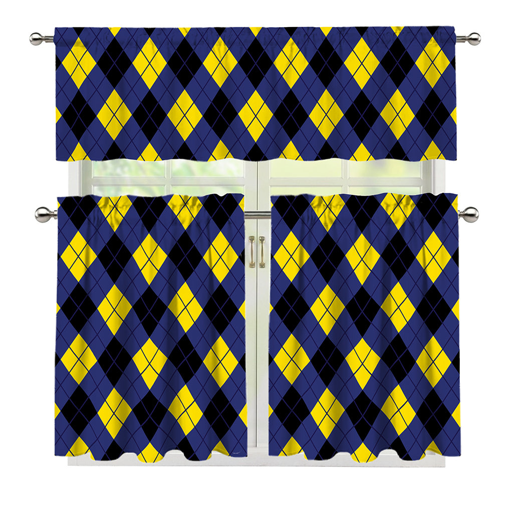 Blue Black And Yellow Argyle Print 3 Piece Kitchen Curtains