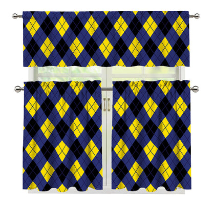 Blue Black And Yellow Argyle Print 3 Piece Kitchen Curtains