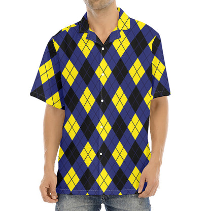 Blue Black And Yellow Argyle Print Aloha Shirt