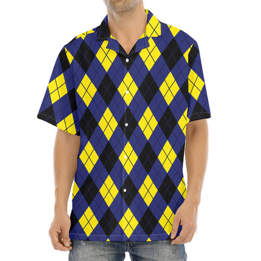 Blue Black And Yellow Argyle Print Aloha Shirt