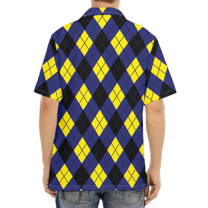 Blue Black And Yellow Argyle Print Aloha Shirt