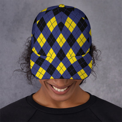 Blue Black And Yellow Argyle Print Baseball Cap