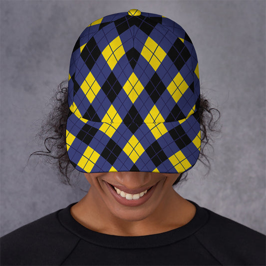 Blue Black And Yellow Argyle Print Baseball Cap