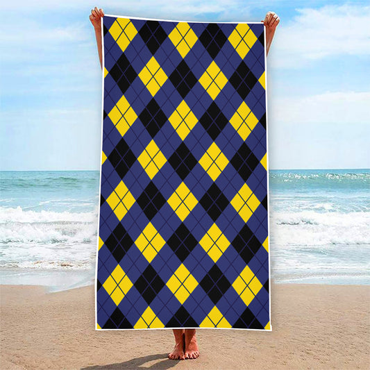 Blue Black And Yellow Argyle Print Beach Towel
