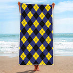 Blue Black And Yellow Argyle Print Beach Towel