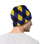 Blue Black And Yellow Argyle Print Beanie