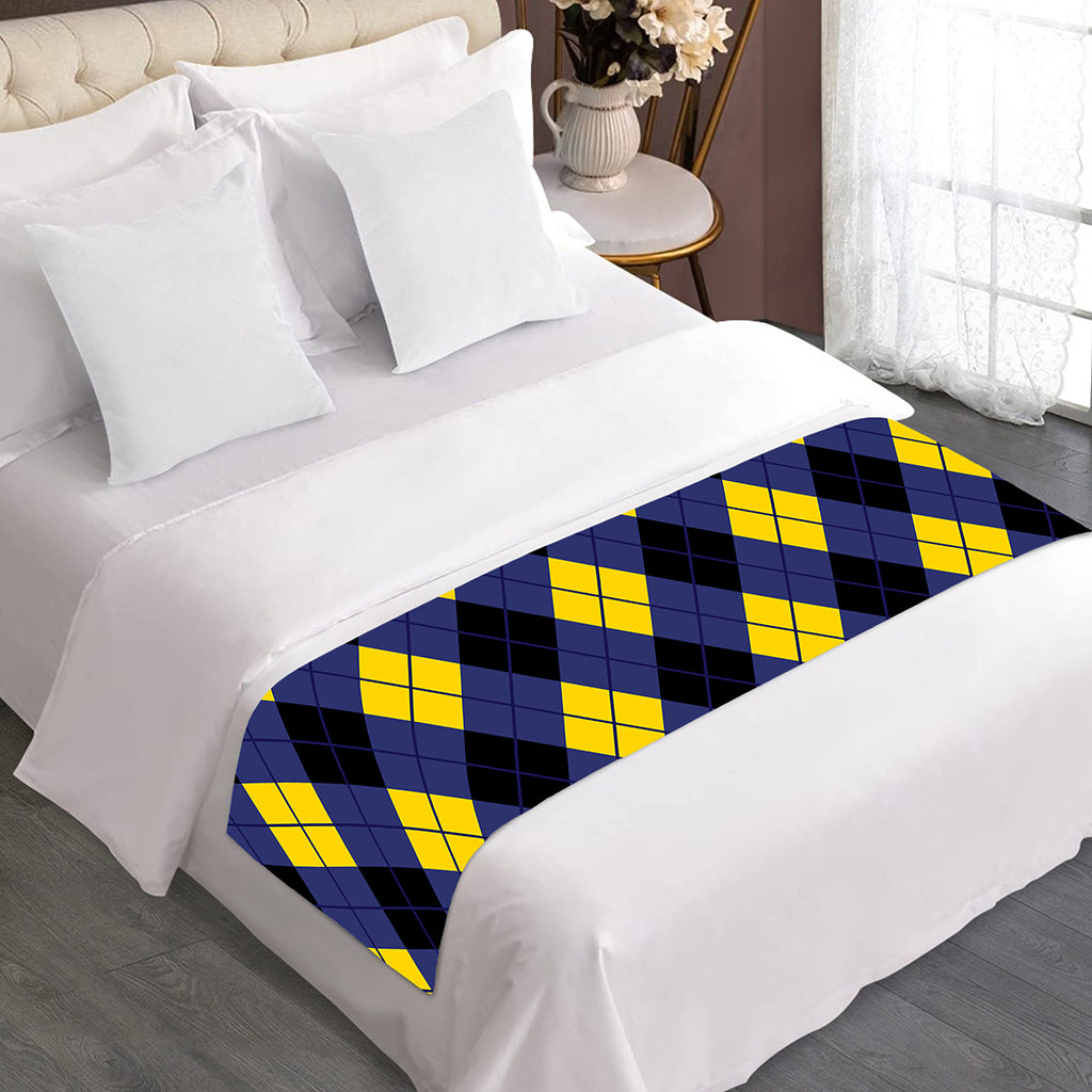 Blue Black And Yellow Argyle Print Bed Runner