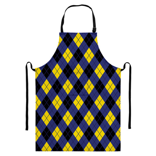 Blue Black And Yellow Argyle Print Bib Apron With Pocket