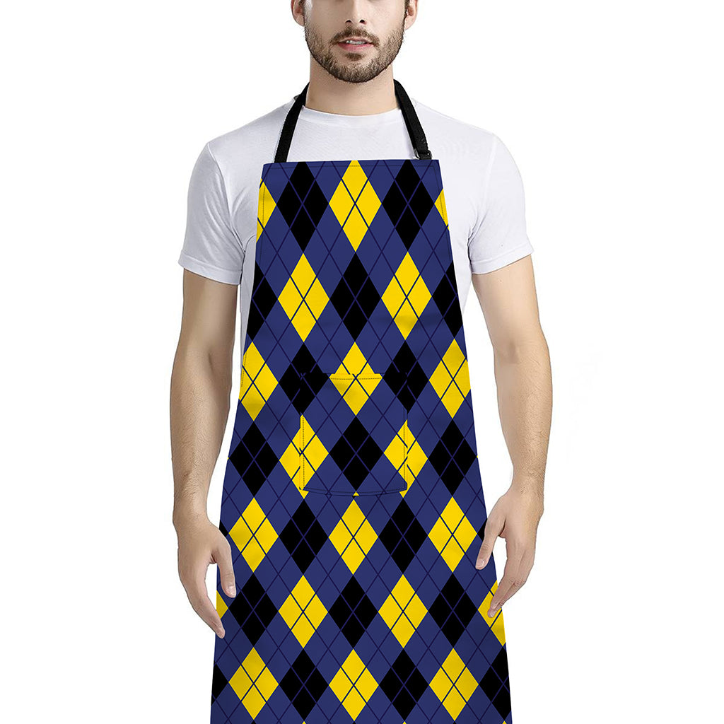 Blue Black And Yellow Argyle Print Bib Apron With Pocket