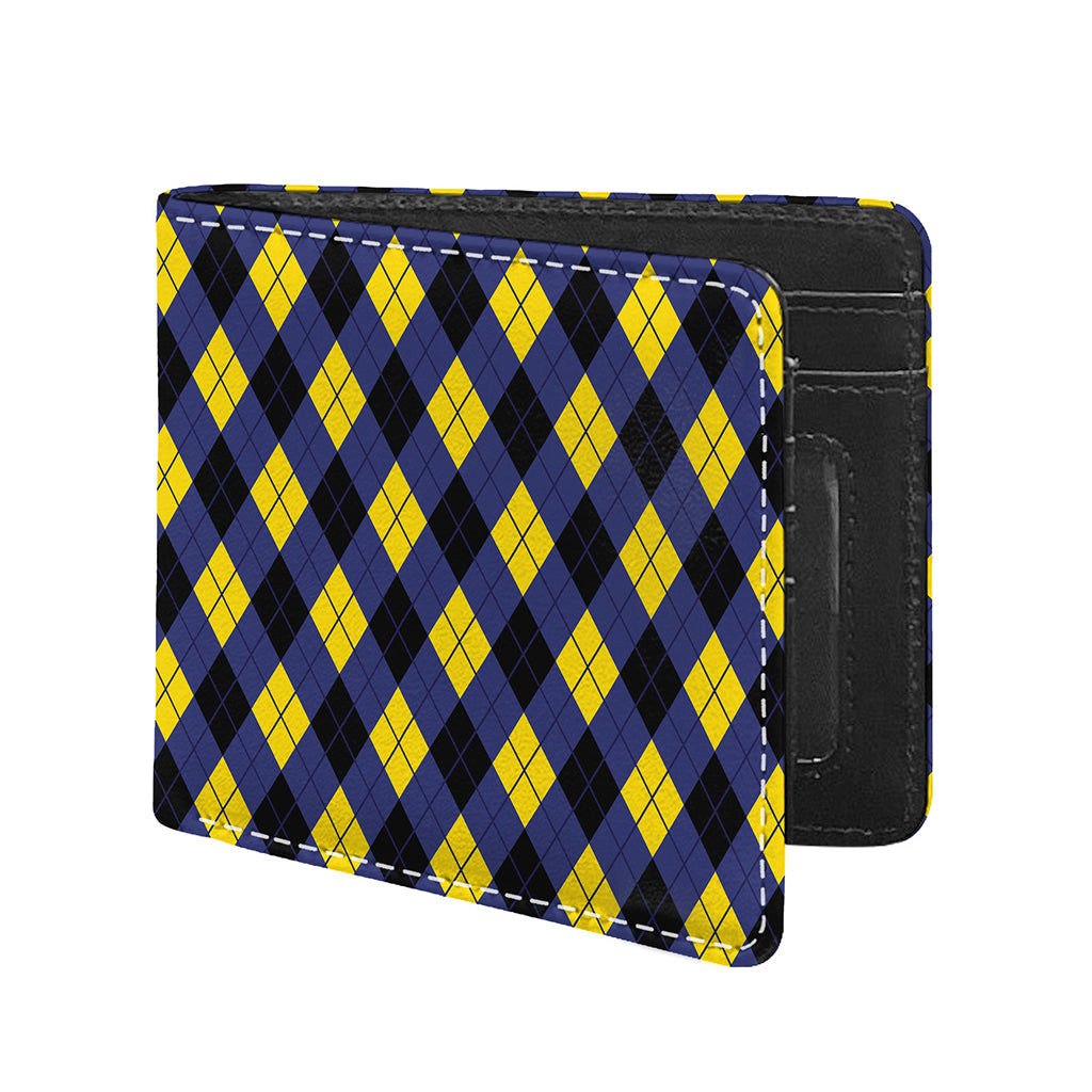 Blue Black And Yellow Argyle Print Bifold Wallet