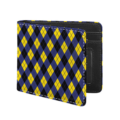 Blue Black And Yellow Argyle Print Bifold Wallet