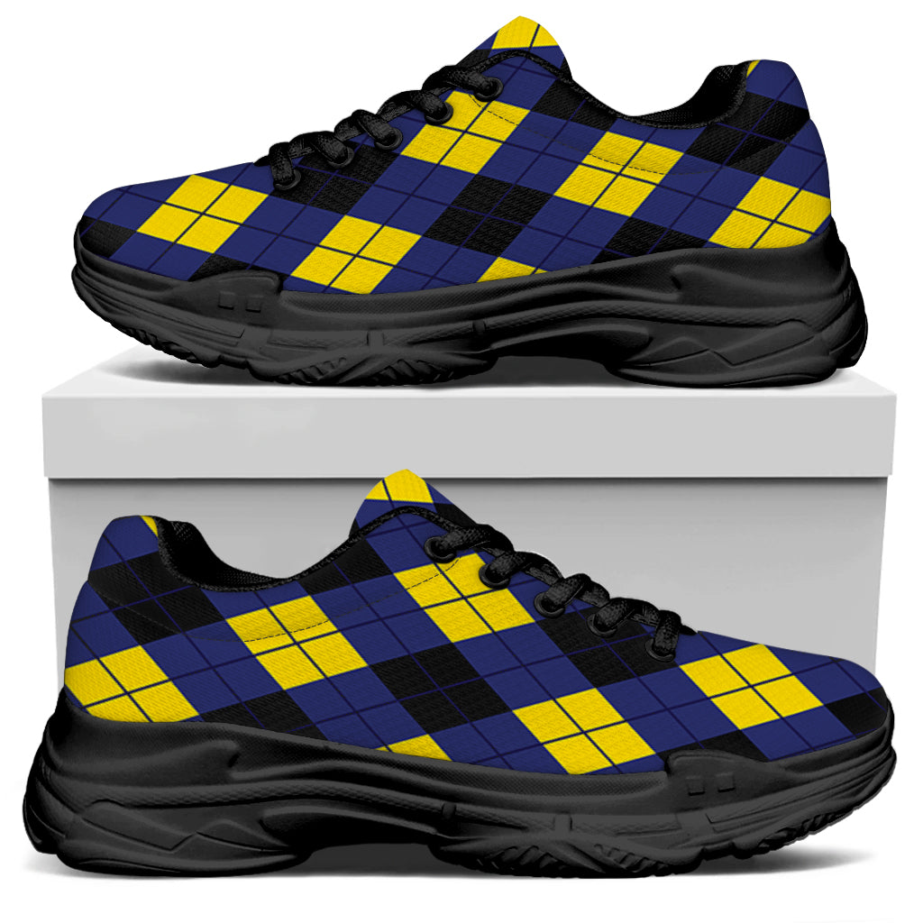 Blue Black And Yellow Argyle Print Black Chunky Shoes