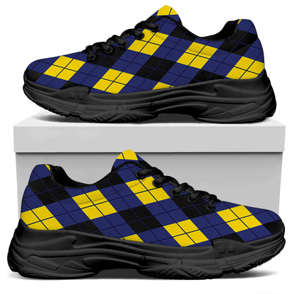 Blue Black And Yellow Argyle Print Black Chunky Shoes