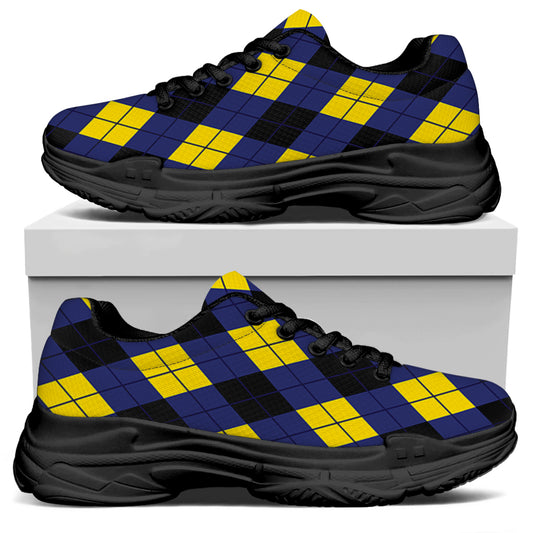 Blue Black And Yellow Argyle Print Black Chunky Shoes