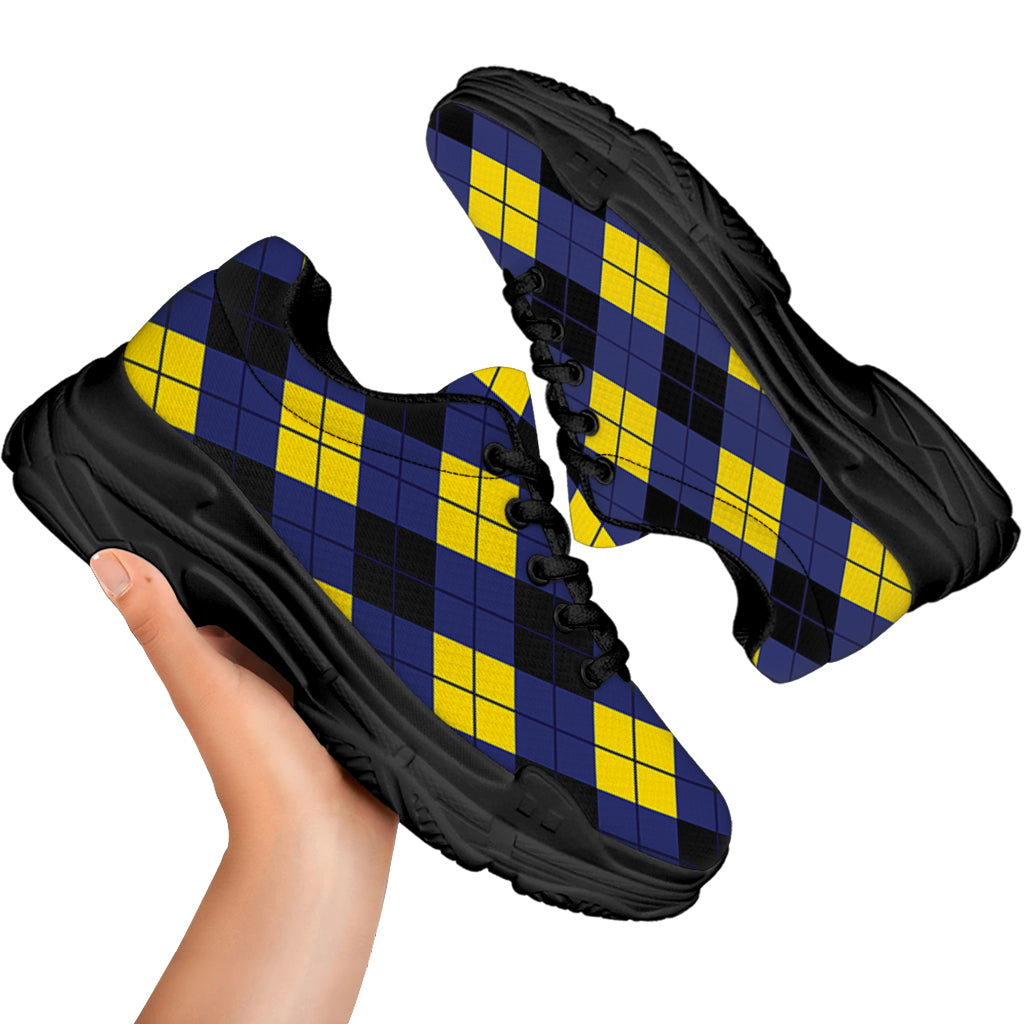 Blue Black And Yellow Argyle Print Black Chunky Shoes