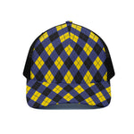 Blue Black And Yellow Argyle Print Black Mesh Trucker Cap